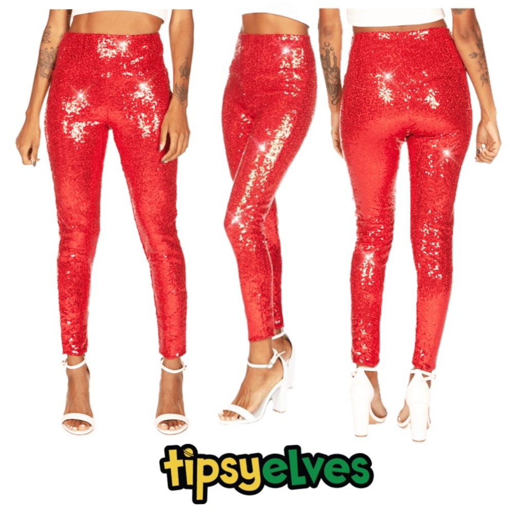 TIPSY ELVES Red Sequin High Waisted Leggings Women’s Size 2X - Picture 1 of 7